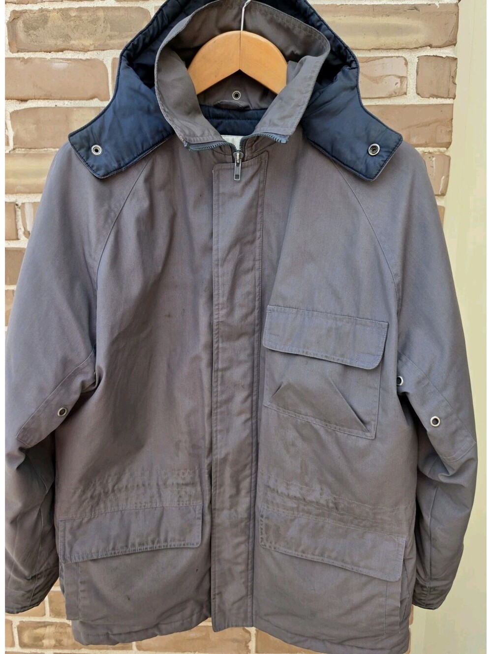 Vintage London Fog Jacket 38 Reg Gray Hooded Field Coat Utility Fair Condition M